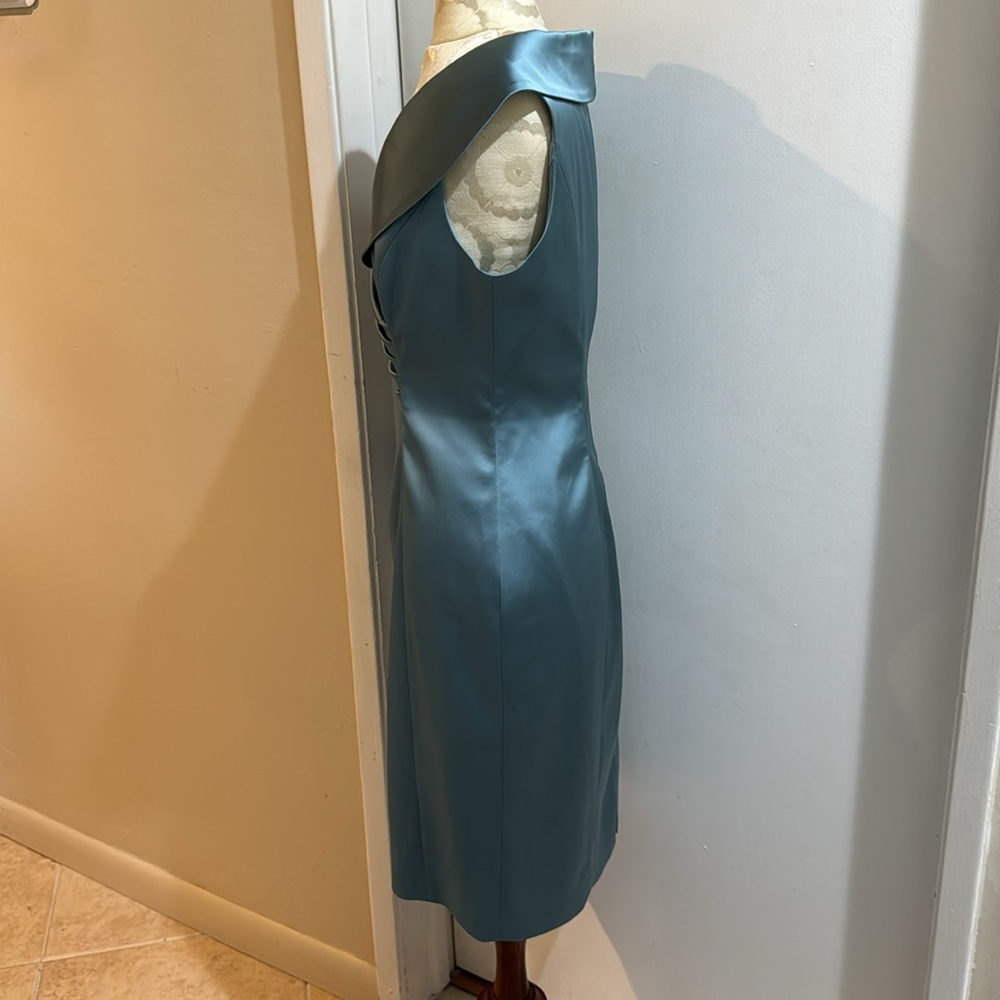 Silk Misty Blue Portrait Collar Ruched Sleeveless Tea Length Dress 10 - Picture 8 of 14